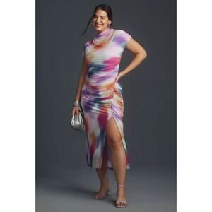 Anthropologie Maya Ruched Cowl Neck Dress Mesh Edition Size 1X Pink Combo